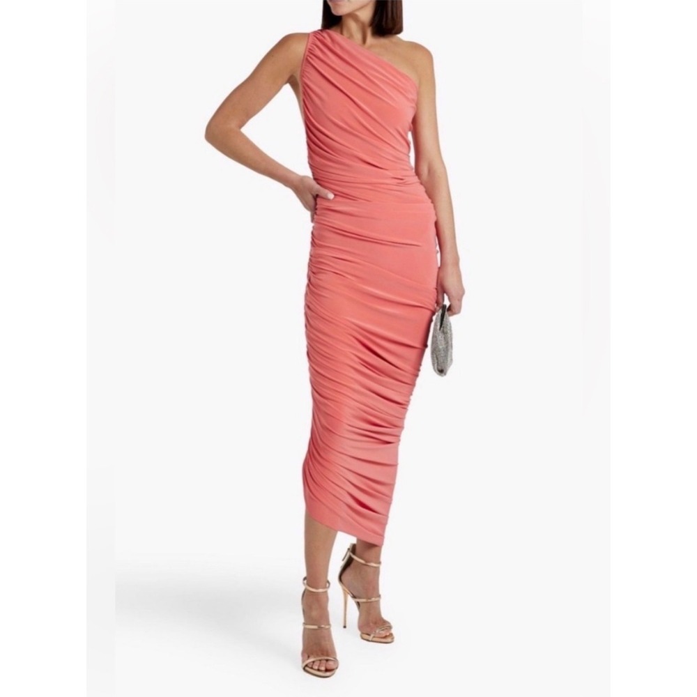 Norma Kamali Diana Ruched One-Shoulder Gown Papaya Size Small Peach Pink